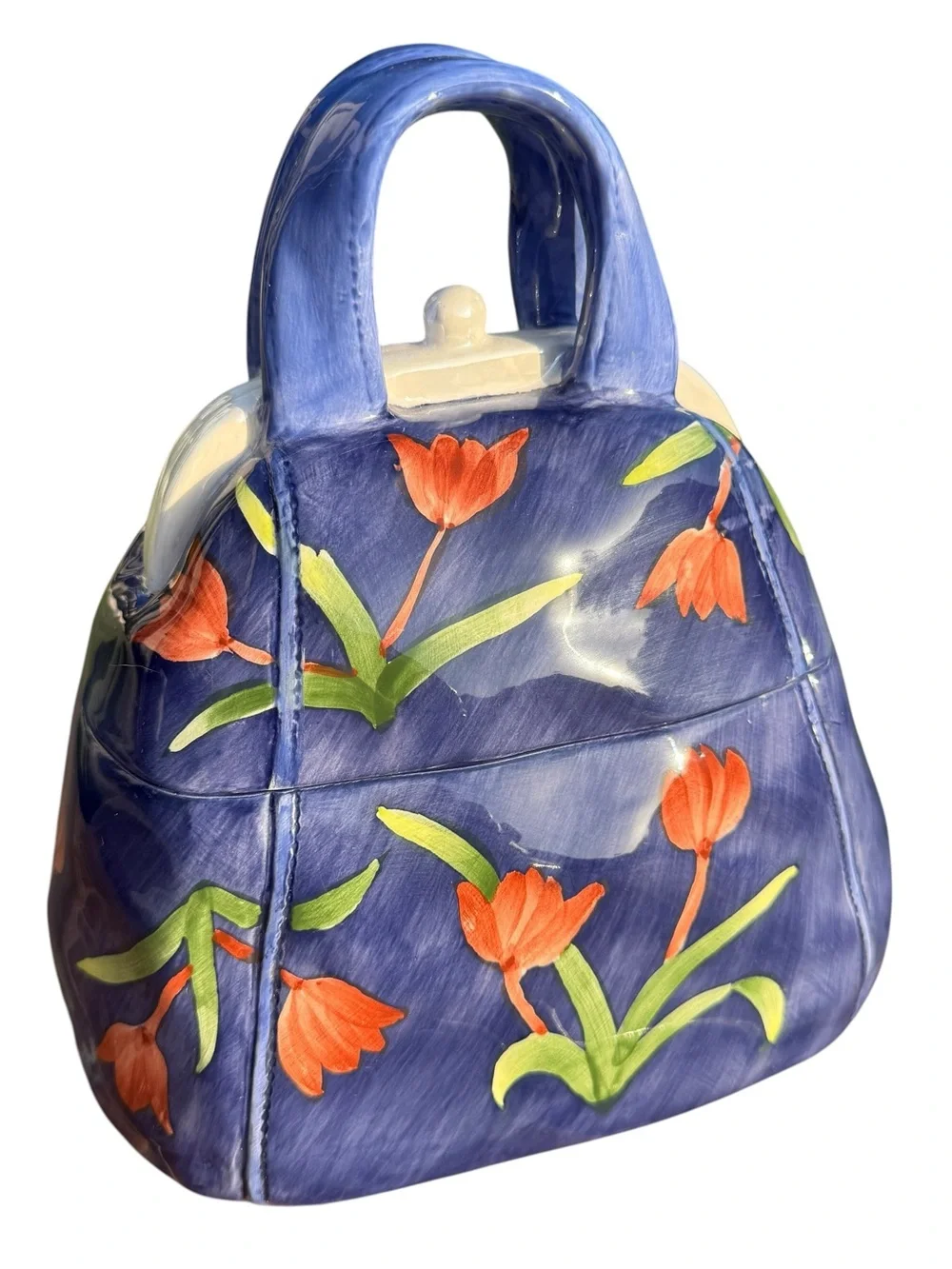 Blue Tulip Handbag Cookie Jar Ceramic Canister Spring Floral Kitchen Decor Gift